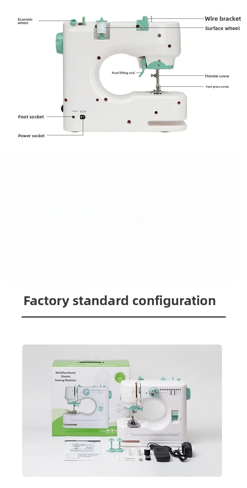 portable Sewing Machine for Beginners with 12 Stitches Pattern LED Light Foot Pedal Double Thread Sewing Kits Plugged In 220V