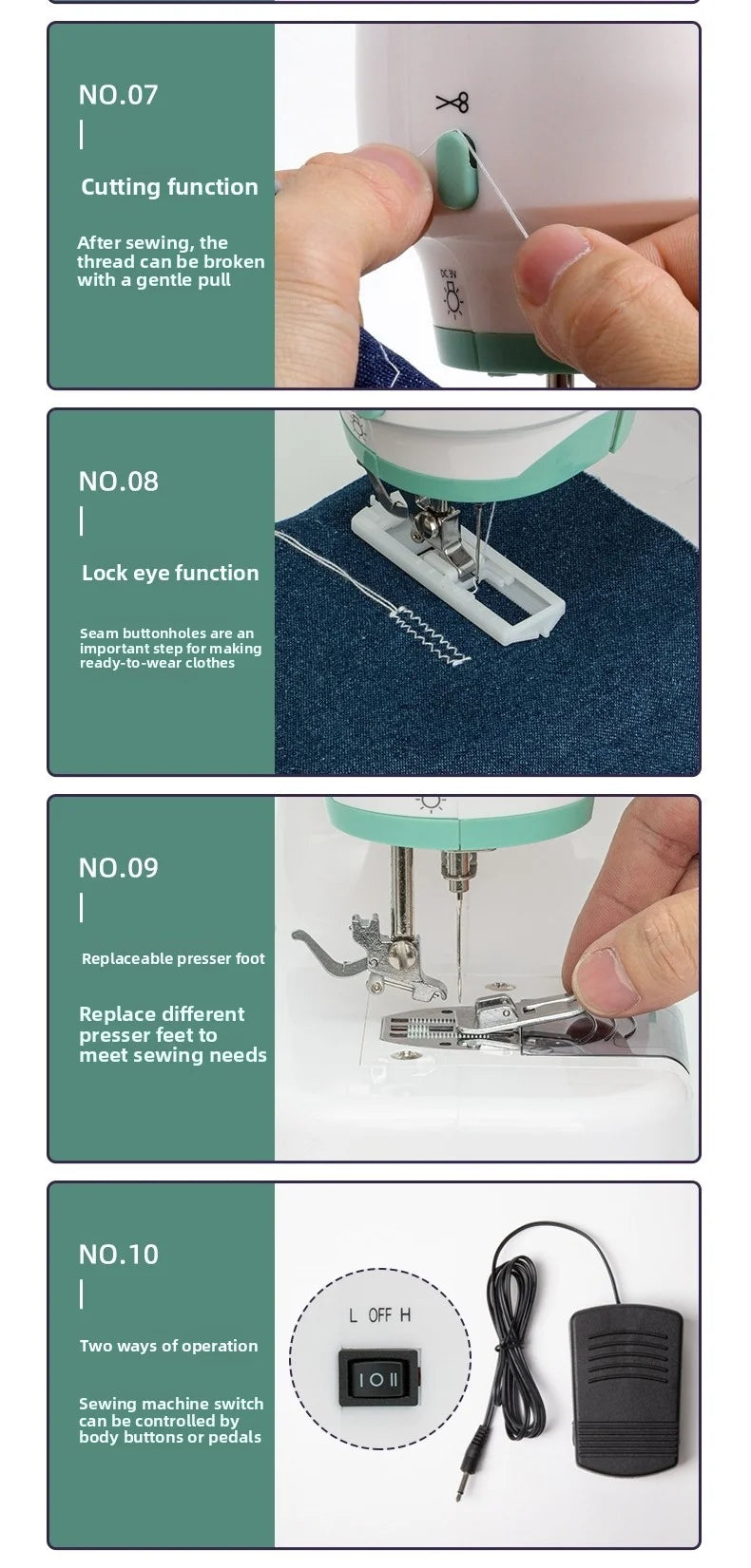 portable Sewing Machine for Beginners with 12 Stitches Pattern LED Light Foot Pedal Double Thread Sewing Kits Plugged In 220V