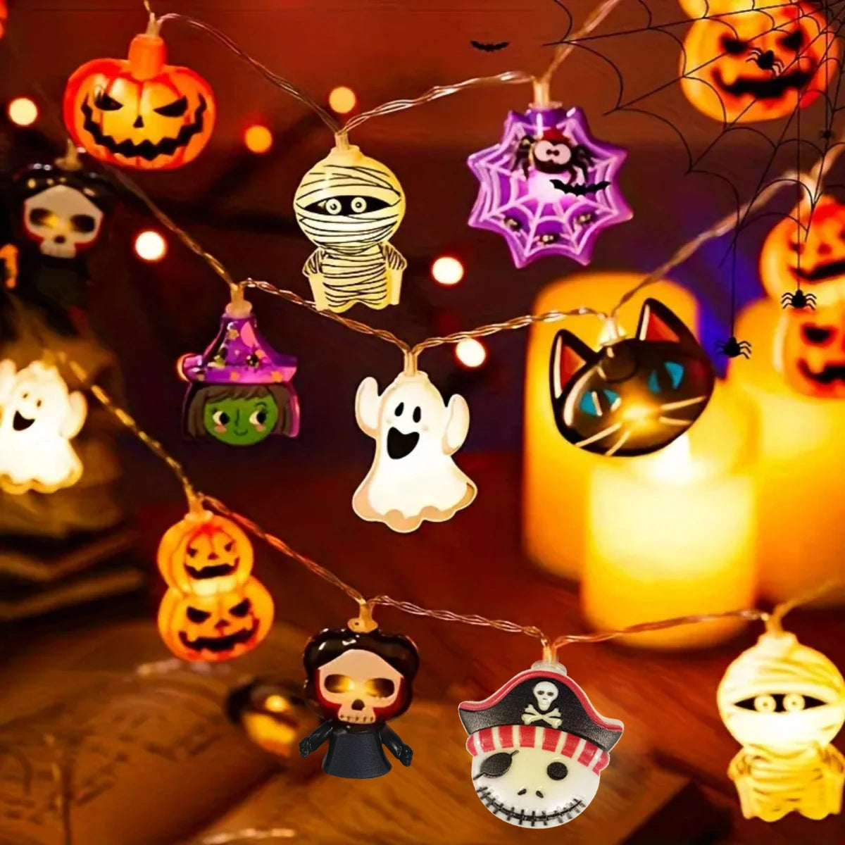 String Lights With Ghost Witch Cat Pumpkin Spider Web Skeleton