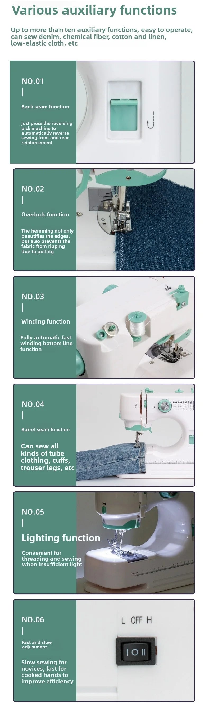 portable Sewing Machine for Beginners with 12 Stitches Pattern LED Light Foot Pedal Double Thread Sewing Kits  Plugged In 220V