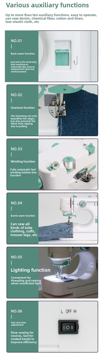 portable Sewing Machine for Beginners with 12 Stitches Pattern LED Light Foot Pedal Double Thread Sewing Kits  Plugged In 220V