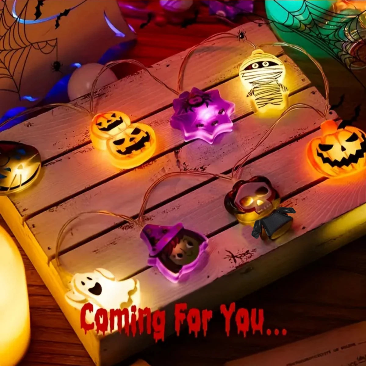String Lights With Ghost Witch Cat Pumpkin Spider Web Skeleton