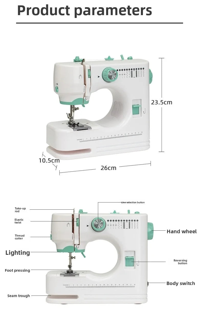 portable Sewing Machine for Beginners with 12 Stitches Pattern LED Light Foot Pedal Double Thread Sewing Kits  Plugged In 220V